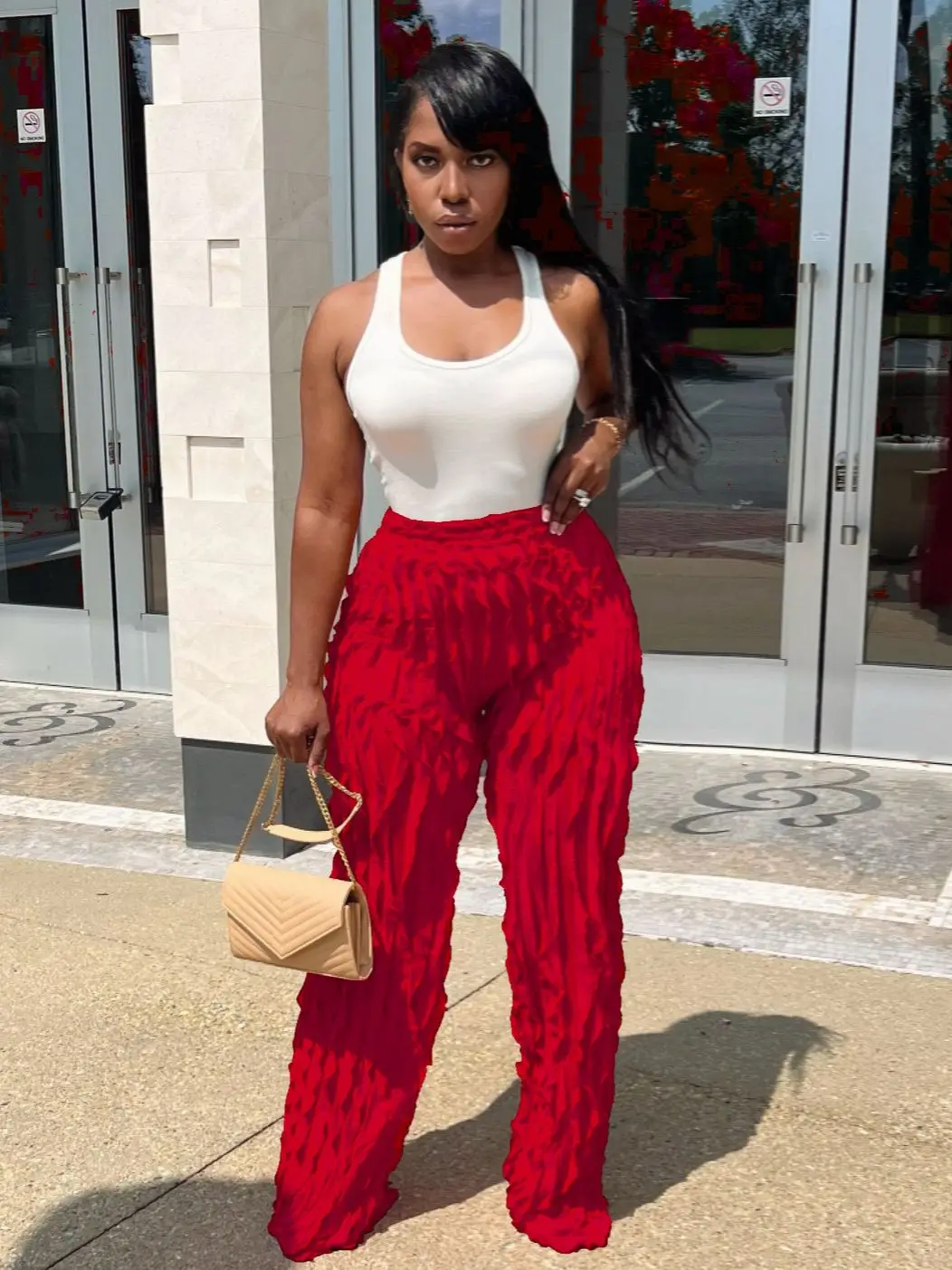 QFAF Women Wave Ruffles Splicing Wide Leg Pants 2023 Fashion Autumn streetwear see though Trousers