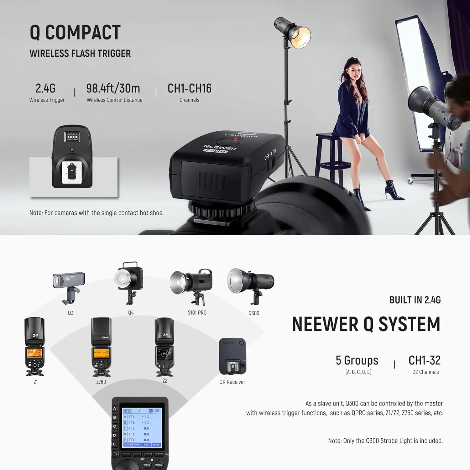 NEEWER Q300 300Ws 2.4G Outdoor Studio Flash with Q Compact Wireless Trigger 7800mAh Li Ion Battery Powered Strobe Light