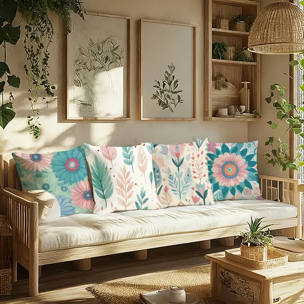 Aesthetic Floral Print Pillow Cover Set Four Pieces Boho Polyester Cushion Case for Modern Living Room Home Decor Accent
