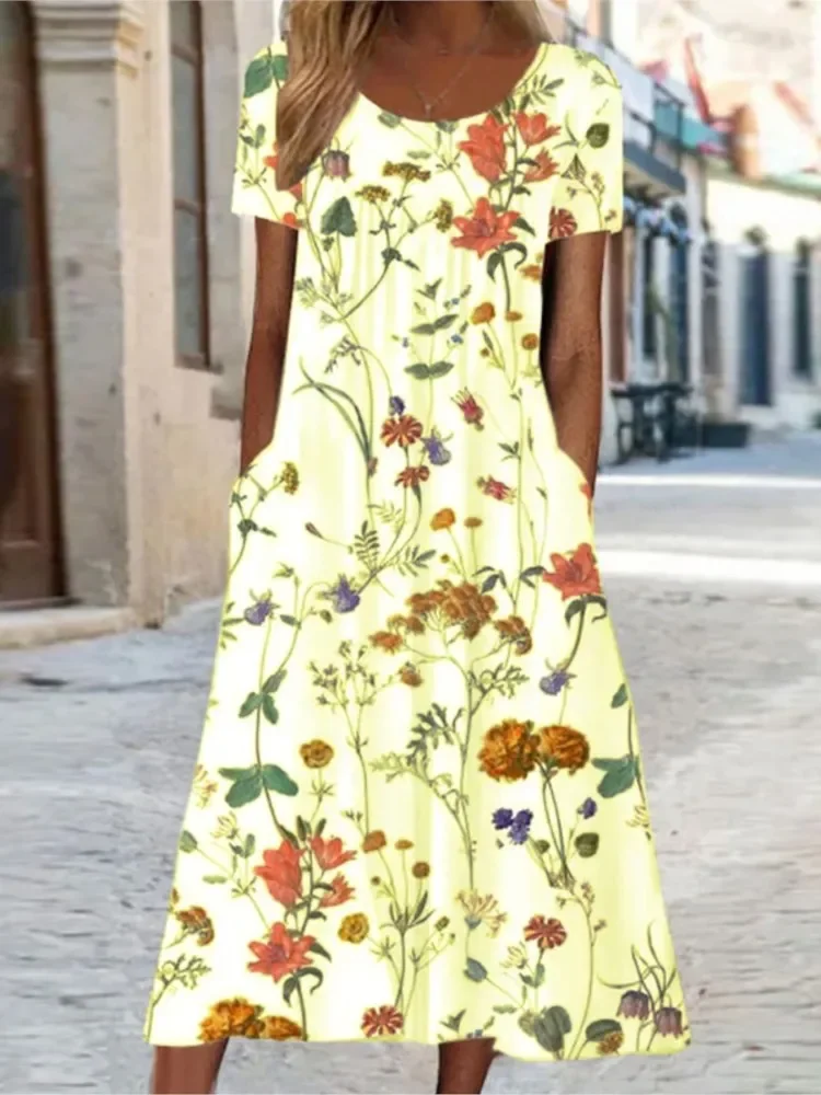 المرأة خمر الأزهار فستان طويل بوهو الصيف س الرقبة عادية فضفاض جيب قصيرة الأكمام فساتين حفلات الشاطئ للنساء فستان ماكسي