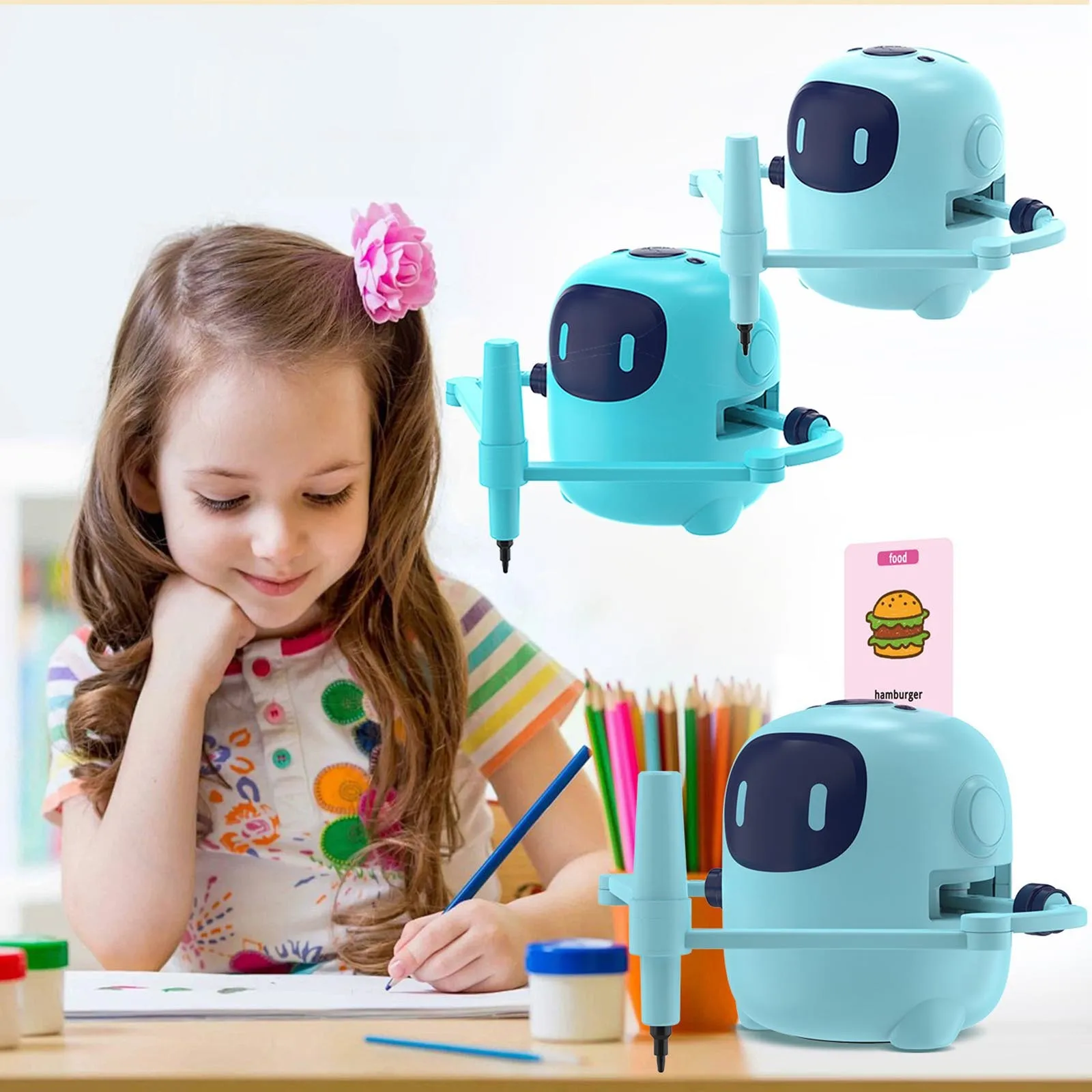 Robot da disegno per bambini Educazione interattiva Robot da disegno Unterazione vocale con 100 carte di parole 16 penne colorate Regalo di compleanno