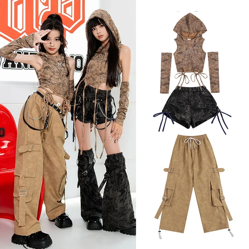 

2024 Girl's Hip Hop Dance Costume Girl's K-pop Jazz Dance Stage Outfit Fashion Show Stage Clothes Brown Tops Shorts Pants XH1222