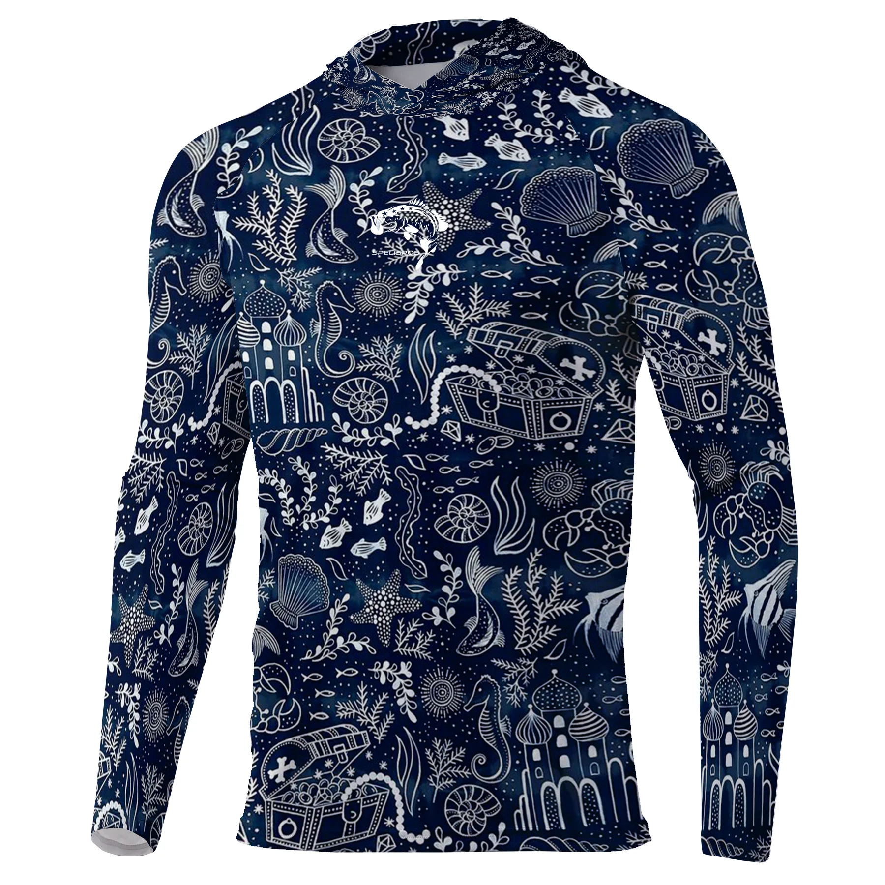Fishing Hoodies Unisex Navy Nautical Print UPF50+ UV Protection Quick Dry Fish Shirts Breathable Long Sleeve Fishing Boating
