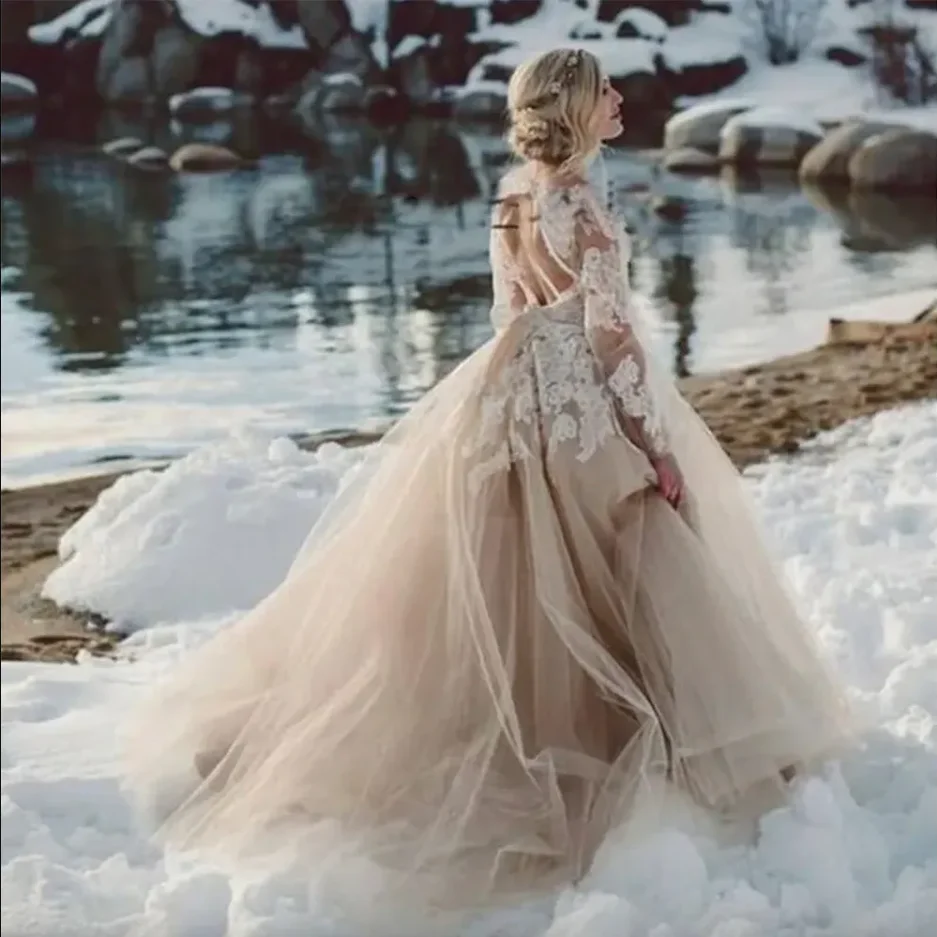 Suknie ślubne w stylu Champagne Lace na plażę, z długimi rękawami, tiulowe, z odkrytymi plecami, bajkowe suknie dla panny młodej, Vestido De Noiva