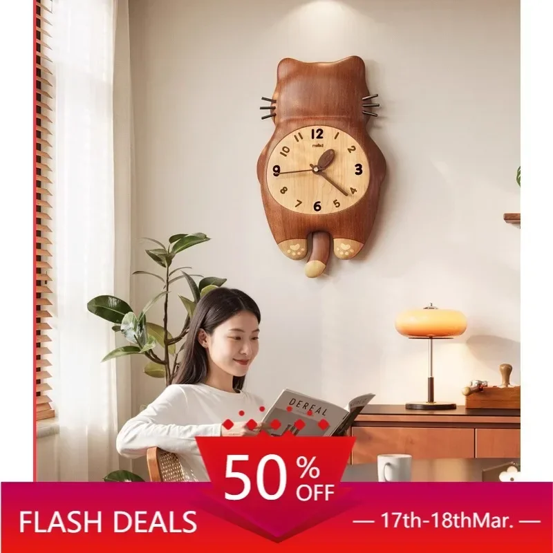 2025 New Retro Cat Wall Clock, Solid Wood Feline Design for Living Room, Whimsical Kitchen & Bedroom Decor