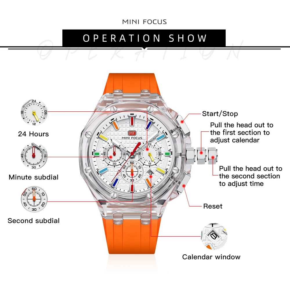 MINI FOCUS Transparent Case Mens Watches Multifunctional Casual Quartz Watch Waterproof  Wrist Watch with Luminous Hands 0616G