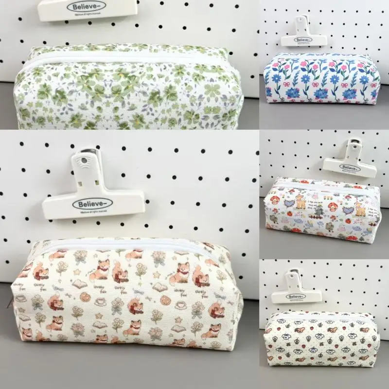 Beautiful Cartoon Animal Canvas Pencil Pouch with Floral Design Zipper Bag for School Supplies