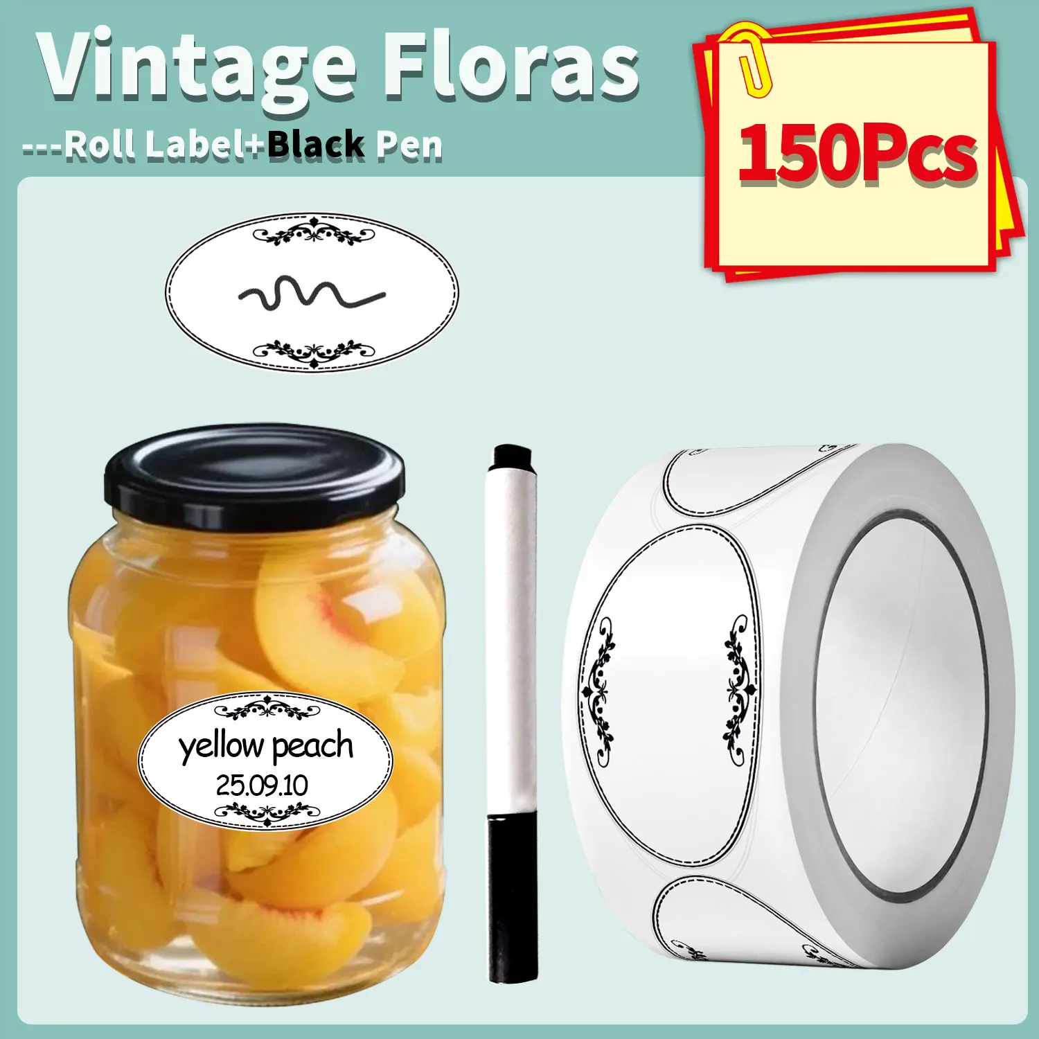 

1Roll(150Pcs) Vintage Floras Writing Elliptical Sticker With Black Marker Pen 0.98*1.57'' Satety Date Freezer Pantry Index Label