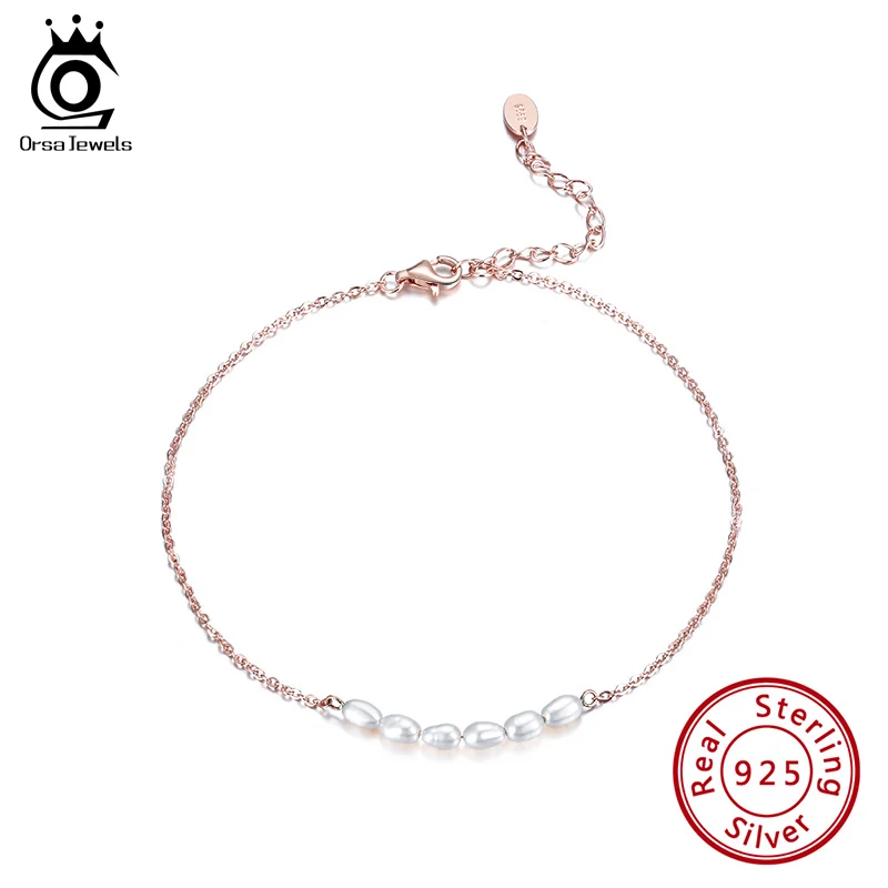 

ORSA JEWELS Freshwater Pearls Charm Ankle Bracelet 925 Sterling Silver Pearl Pendant Beaded Foot Chain Summer Beach Jewelry SA02
