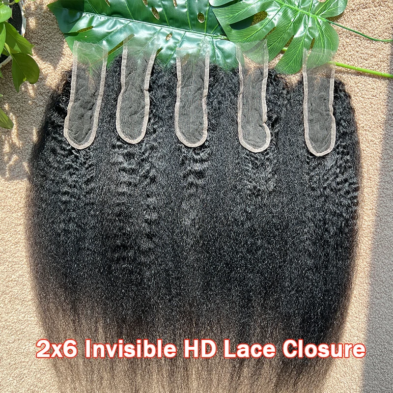 Kinky Straight 2x6 HD Lace Closure 100% Raw Virgin Human Hair Deep Parting Pre Plucked Invisible HD Lace Melt Skins #1B Color