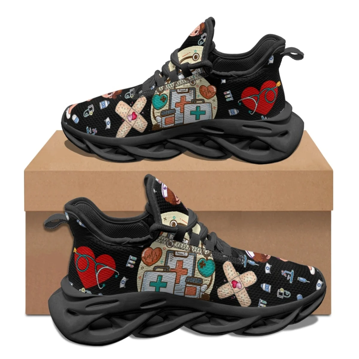 Cute Cartoon Nurse Medical Equipment Pattern Autumn Winter Tennis Shoes Outdoor Work Breathable Convenient Soft Flats Sneakers