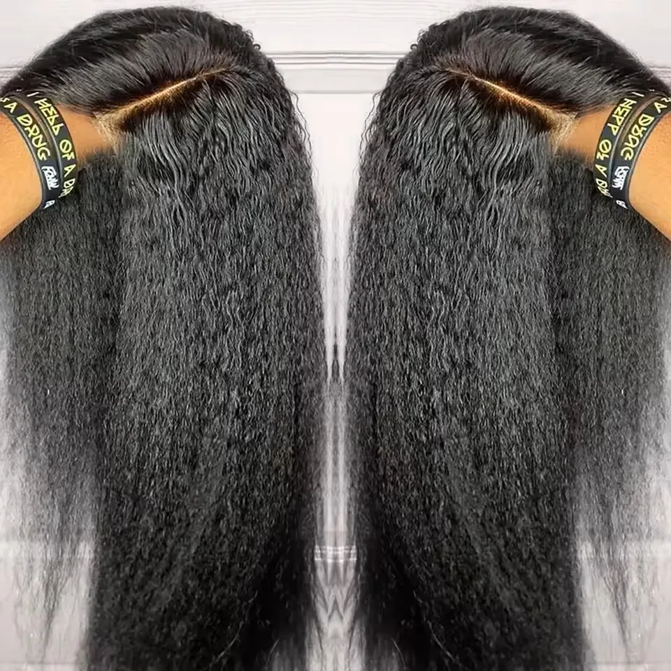 Synthetic Hair Yaki Kinky Straight Glueless 13X4  Lace Front Wig For Women Preplucked   Heat Temperature Fiber Daily Cosplay