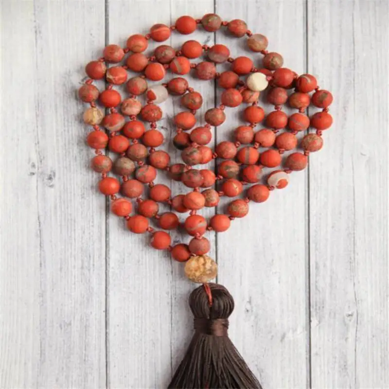 

Natural Red Jasper 108 Beads Mala Necklace with Brown Tassel Spiritual Meditation Jewelry