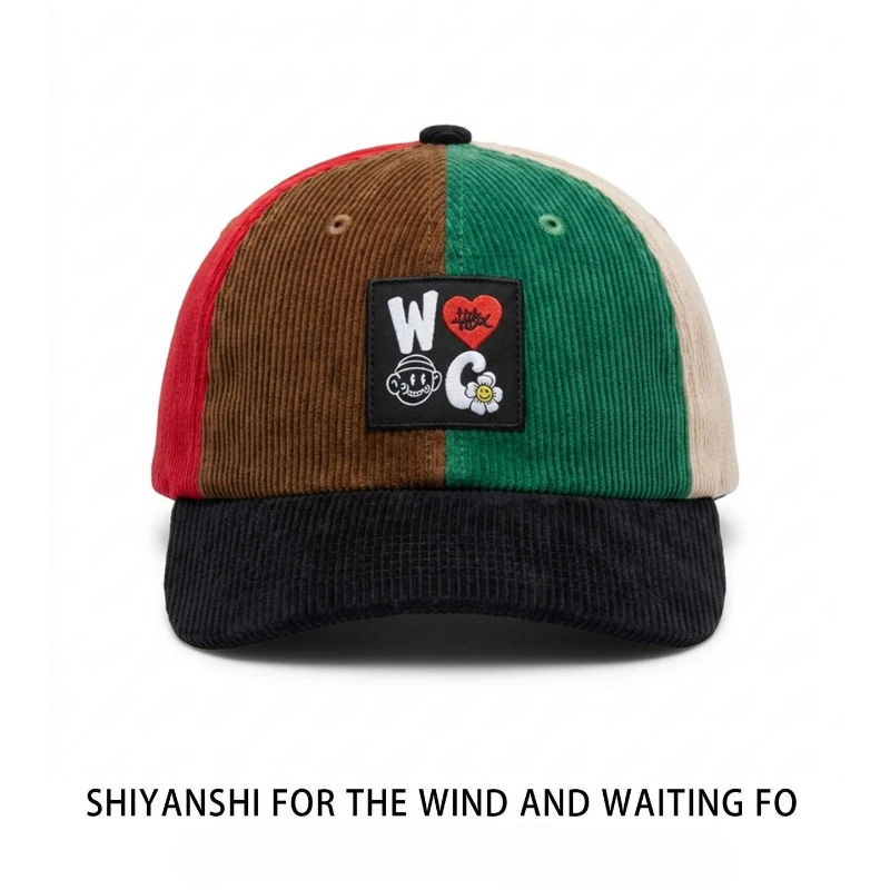 Unisex Color Block Corduroy Baseball Caps Retro Patchwork 5 Panel Hat Woven Label Streetwear Adjustable Dad Hats Outdoor Sun Cap