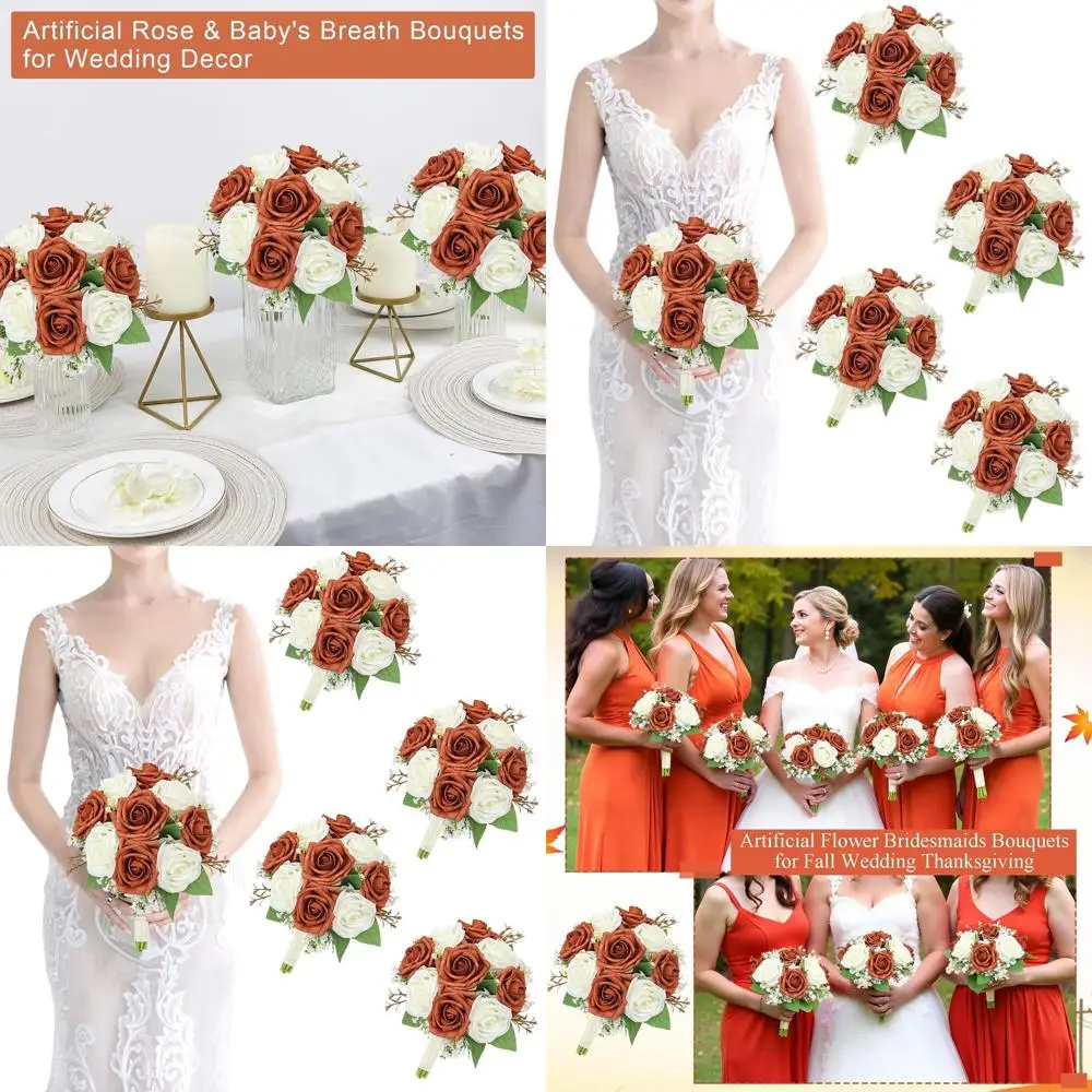 

Набор из 4 искусственных букетов для подружек невесты - оранжевые розы, белый гипсофила, 7 нижних веток для декора свадьбы или девичника