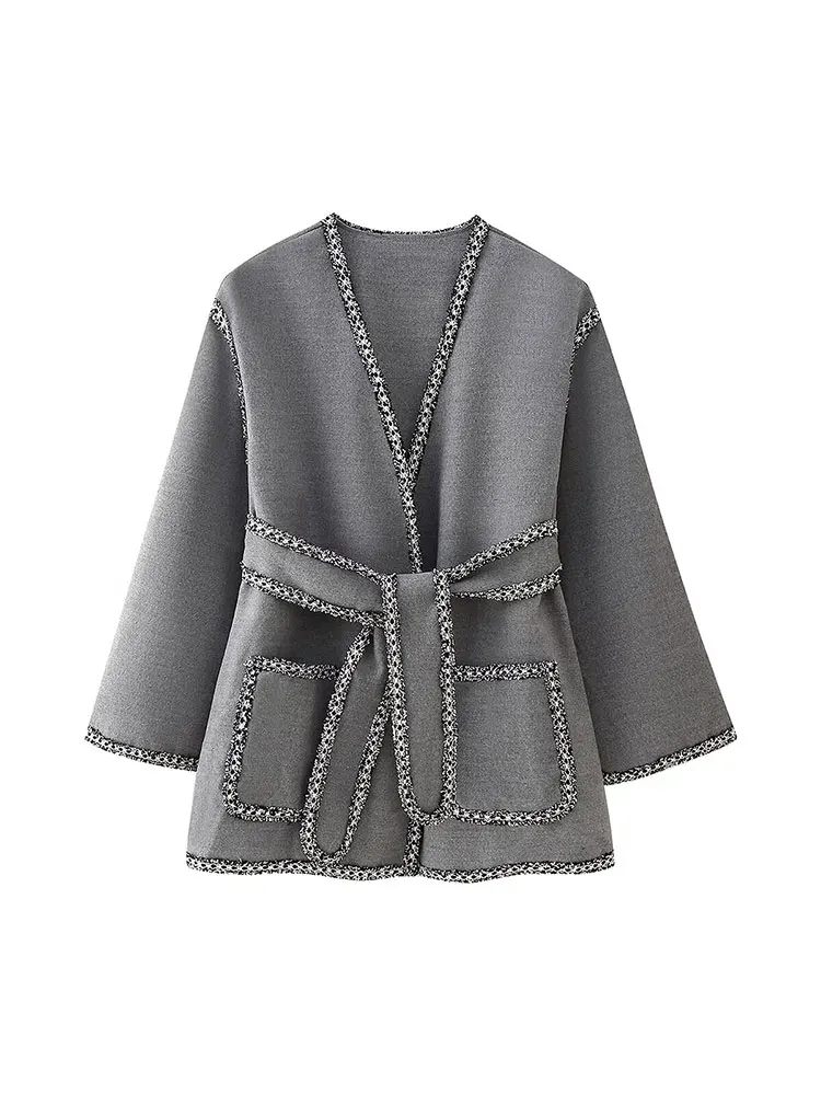 HH TRAF Elegant Women's Winter Casual Woolen Coat Jacket Chic Small Fragrance Belt Decorated Women's Winter Pocket Coat Jacket