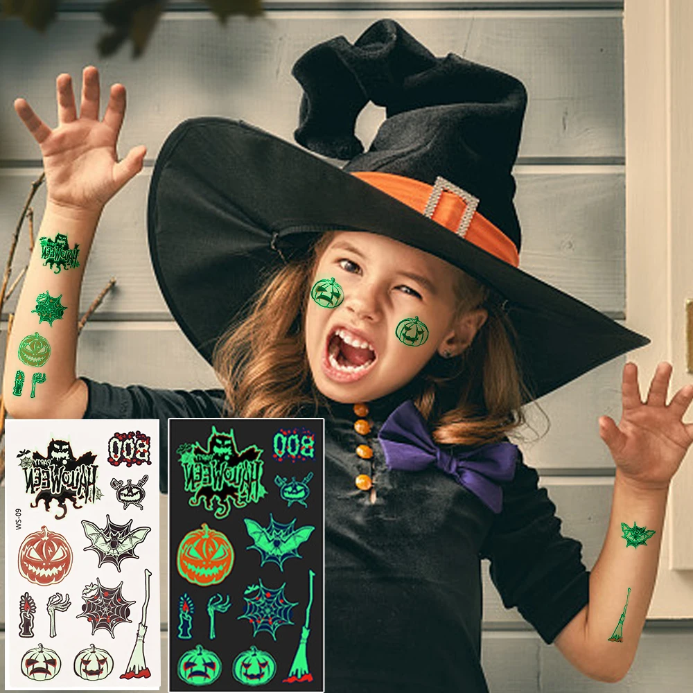 Autocollants de Tatouage Fluorescents pour Halloween, Brcorporelle, Temporaire, Brcorporelle, Bras, Visage, Corps, Musique, ix, Bar de Nuit, Boîte de Nuit, Maquillage