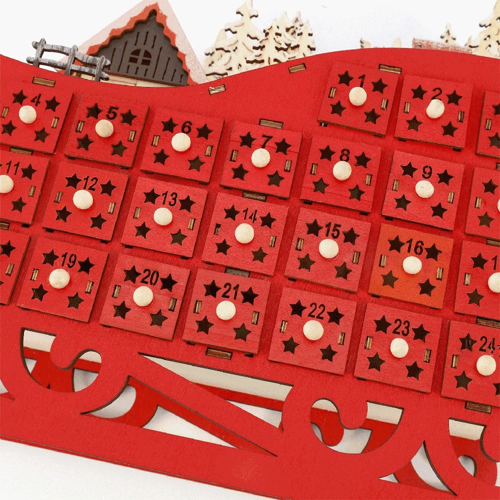 Wooden Advent Calendar with 24 Storage Drawers Christmas Sleigh Countdown Calendar with LED Lights Christmas Tree Party Decor - Image 5