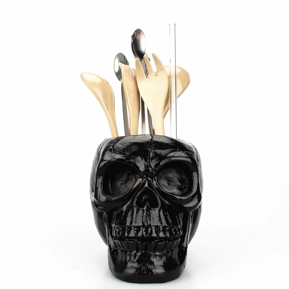 

Black Skull Head Pen Holder Resin Desktop Organizer Makeup Tools Storage Flowerpot Decoration Skull Head Ornament
