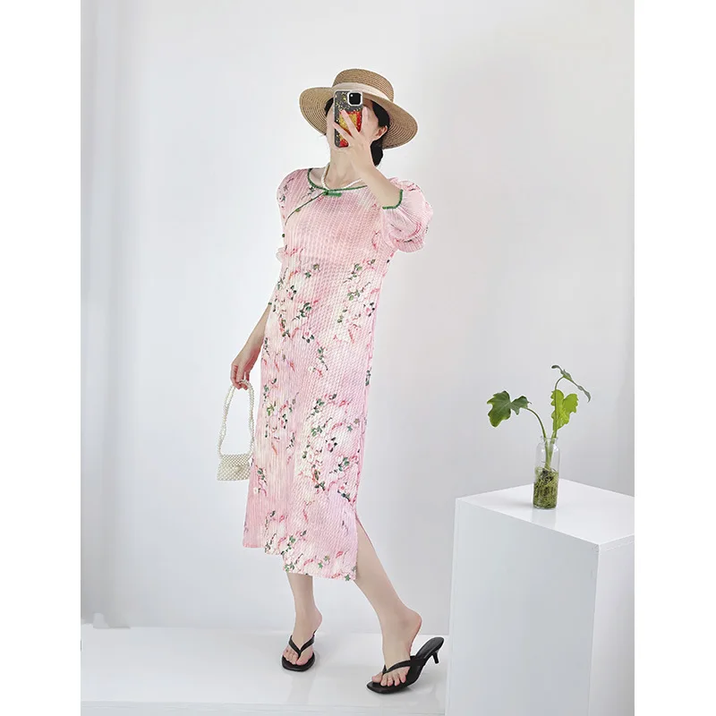 

Miyake Pleated Printed Dress 2026 Summer New Temperament Elegant Cheongsam Medium Long Dresses