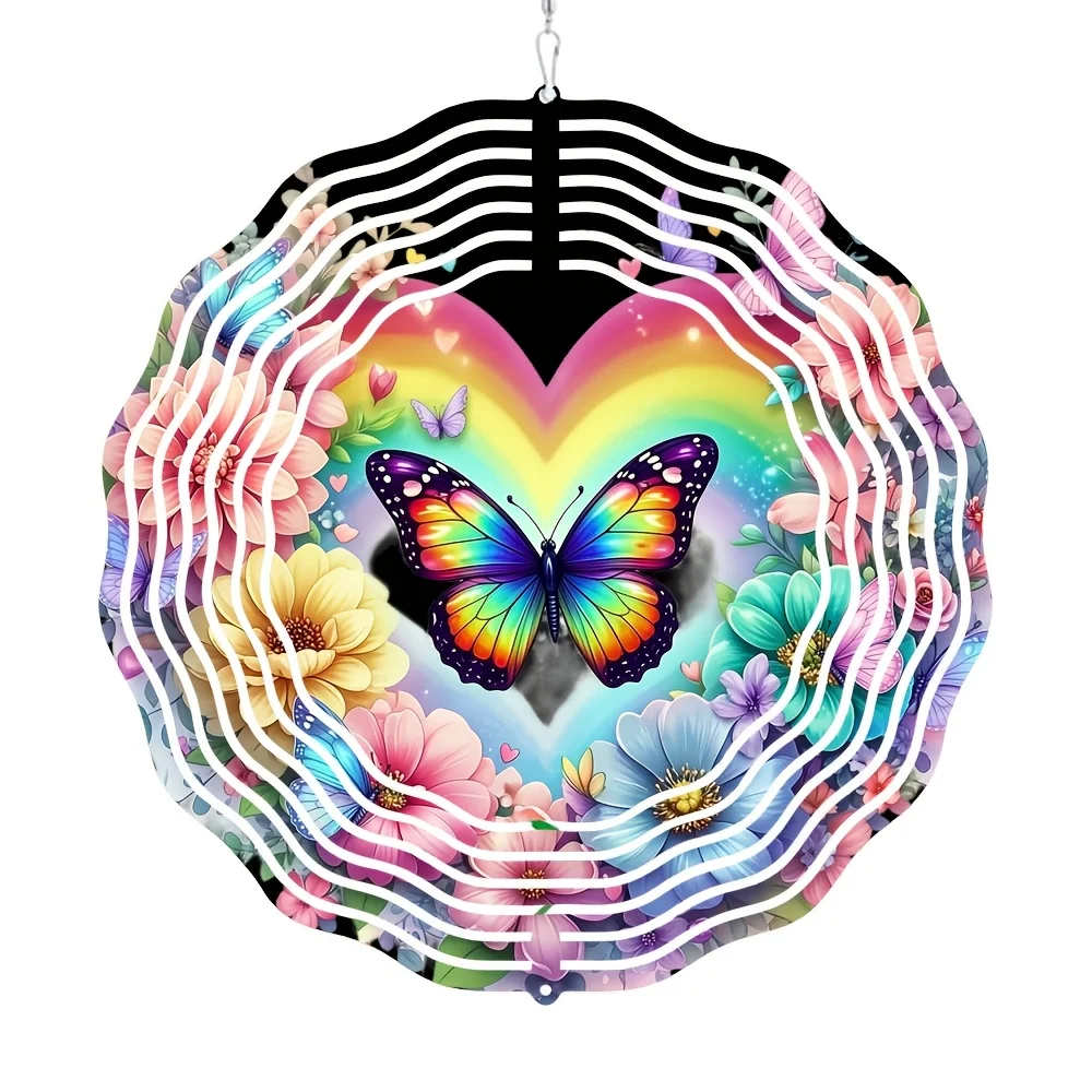 Wind Chime Rainbow Wreath Heart-shaped Hanging Ornament, Adorned with Colorful Butterflies, Makes a Sweet Gift for a Dear Friend