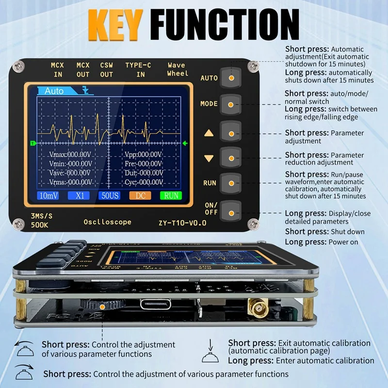 Digital Handheld Oscilloscope,Sampling Rate:3MS/S,Bandwidth:500kHz,AUTO Measurement,2.8-Inch LCD Screen,Rechargeable-A21R