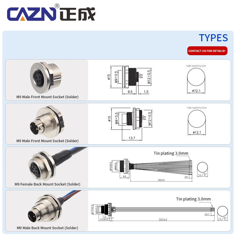 M9 Metal Male Female Front Mount Socket 3,4,5,6,8 Pin Solder With 30cm Wire Waterproof IP67 Connector