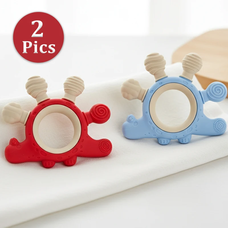 

Набор из 2 шт. Силиконовый прорезыватель Динозавр, грызунок для малышей 0-6 месяцев, без БФА, пищевой силикон