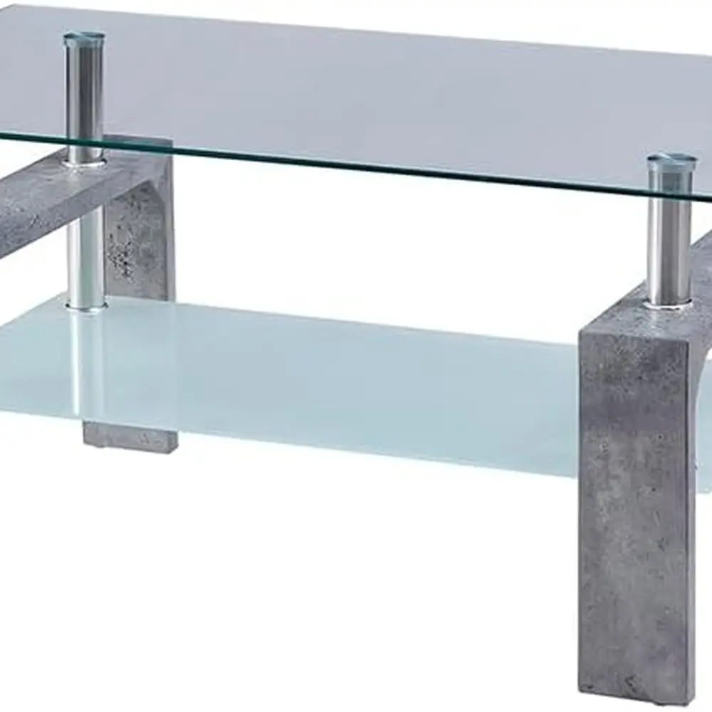 طاولة قهوة حديثة مستطيلة بأرجل خشبية، سطح زجاجي ورف سفلي، مثالية لمناطق الانتظار، طراز رخامي رمادي #6