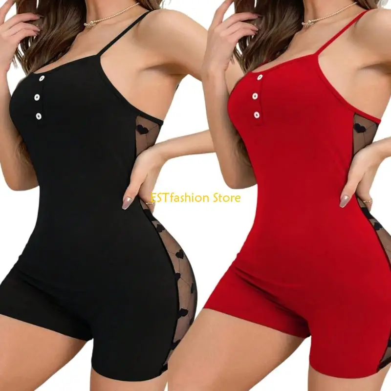 Y5GC Women's Sheer Romper Shorts Breathable Yoga Outfit Heart Print Design Bodysuits For Vacation Nightclub