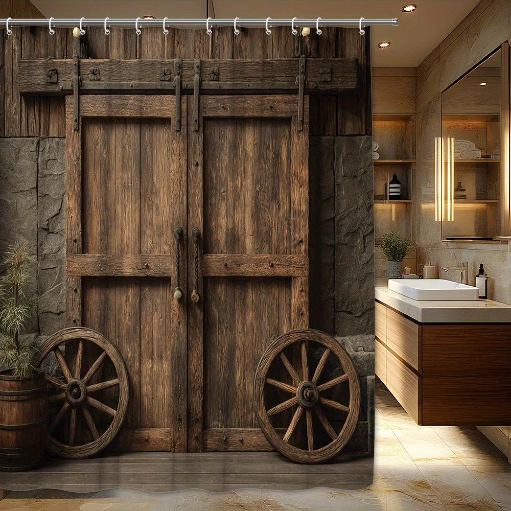 1pc Vintage Barn Door Shower Curtain - Weathered Wood & Stone Farmhouse Design with Wooden Wheels, 12 Hooks, 70.87 x 70.87 Inch