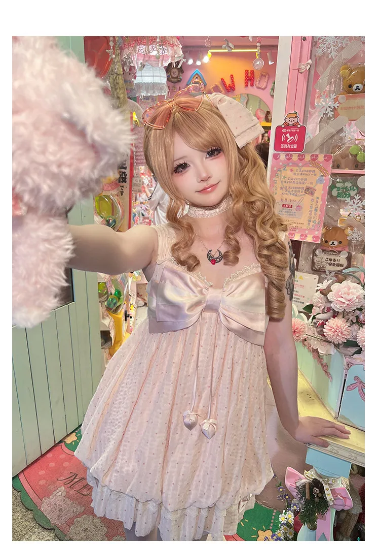 Featuring A Puff-Skirt JSK Dress with Large Bow Cute Polka Dot Lace Bowknot Cami Dress Spring Summer  Sweet Girls Princess Dress