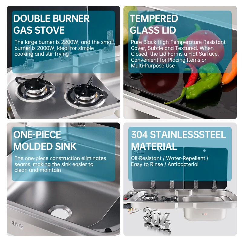 304 Stainless Steel RV Sink With Double Burner Gas Stove Glass Lid Camper Caravan Boat Kitchen Combo