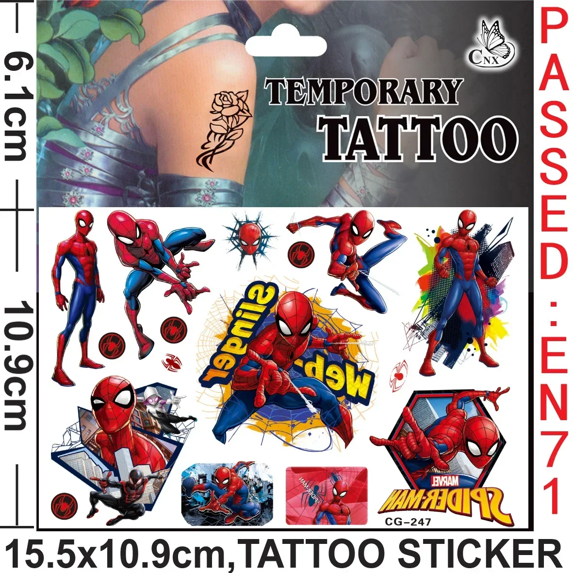 Pegatinas de tatuaje de SpiderMan de Marvel, tatuajes temporales para niños, suministros de fiesta de cumpleaños, recuerdos, lindos tatuajes, pegatinas de decoración