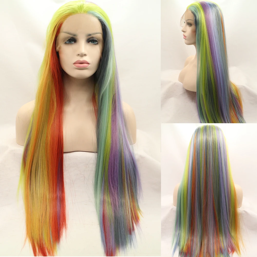 Rainbow Multi Color Cosplay Synthetic Lace Front Wigs for Girl, Orange Yellow Red Blue Green Purple Colorful High Density Wig