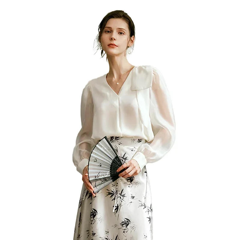 OLrain Bow V-neck Shirts Womens Autumn 2025 New Satin Casual Elegant Puff Sleeve Chic Blouse Tops Female M56QC93221