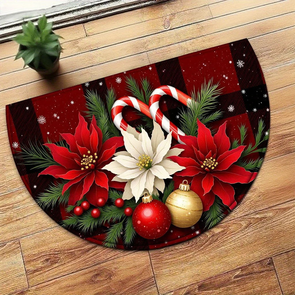 

VIKAMA Christmas Themed Semi Circular Entrance Doormat Red And Black Tartan Poinsettia Festive Motif Rug Christmas Decoration
