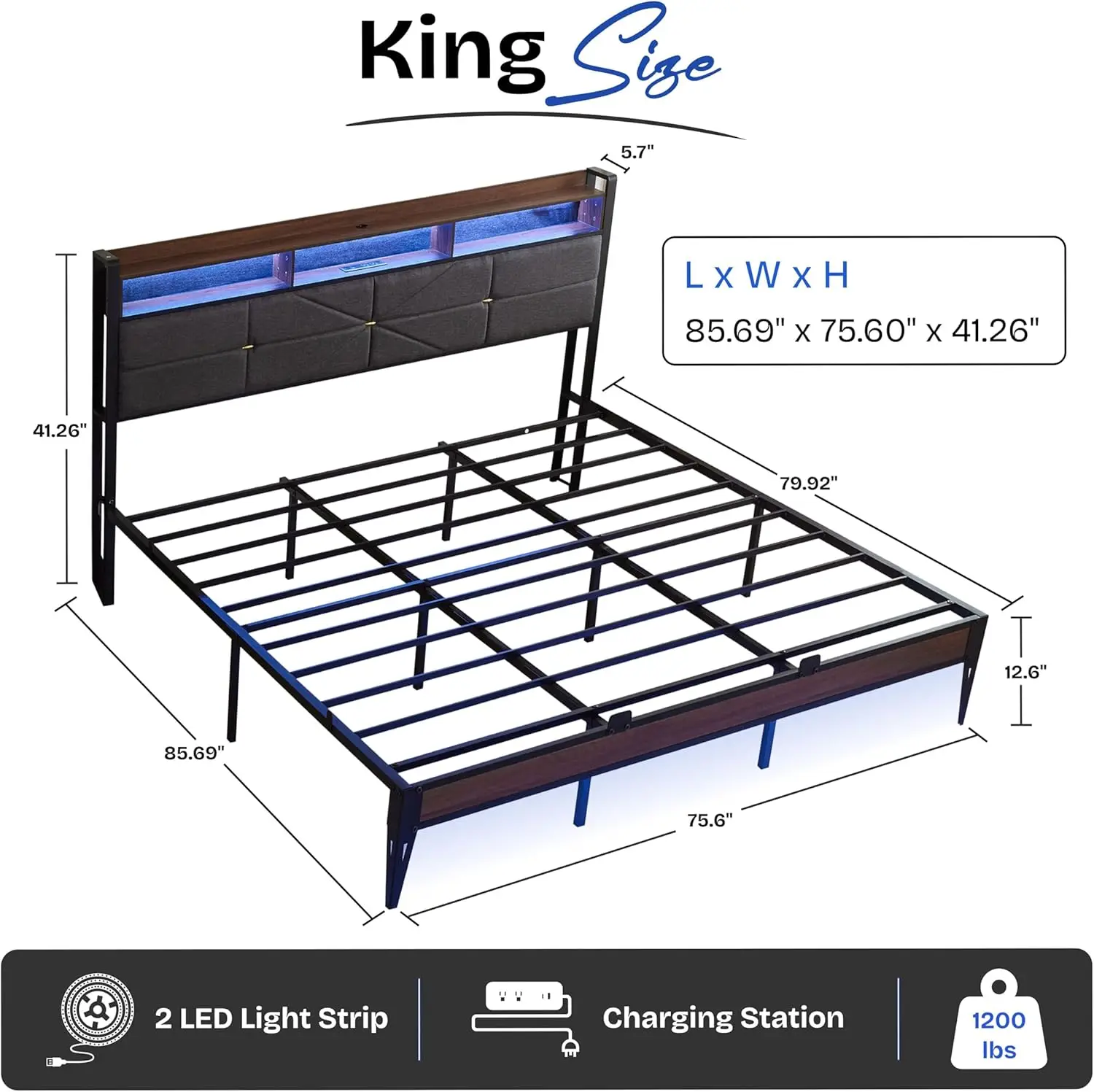 King Upholstered Platform Bed Frame with Headboard, Charging Station, Dual LED Light Strips, 2-Tier Storage Shelves, Heavy Duty Metal Construction, Noise-Free, No Box Spring Needed, Black view 2