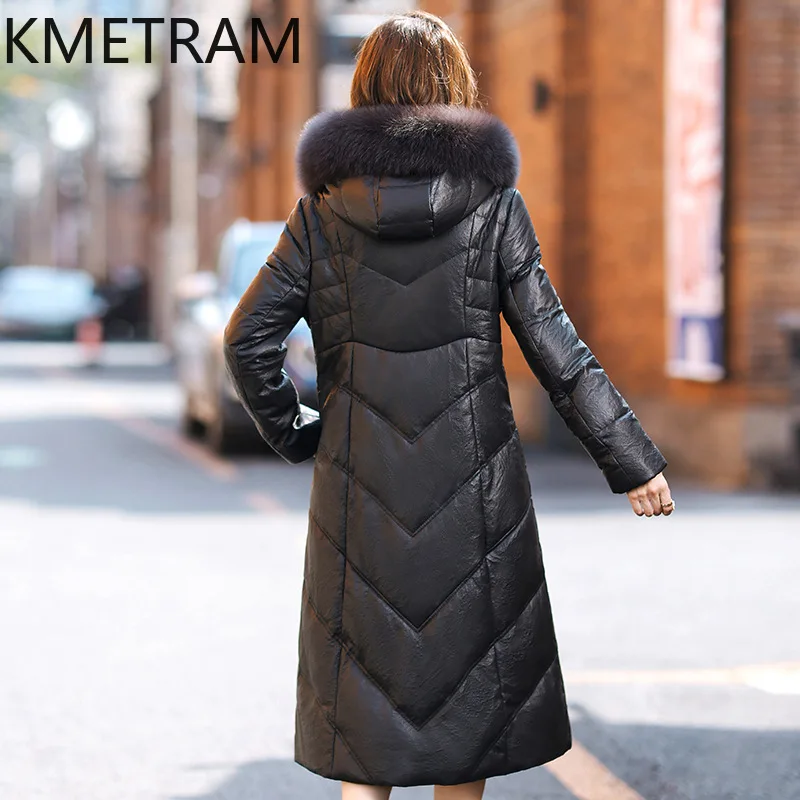 100% Sheepskinลงเสื้อผู้หญิงเสื้อผ้าใหม่ในOuterwearsปักเป้าแจ็คเก็ตHoodฤดูหนาวFox Fur Collar Long Coat 2024хок