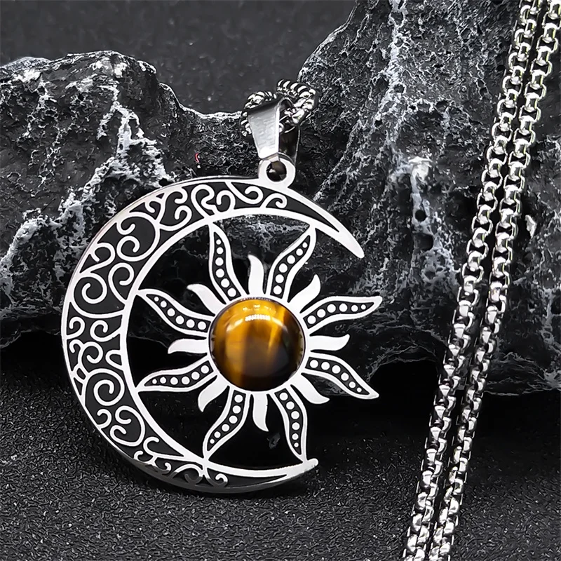 Witch Moon Sun Necklace for Women Men Stainless Steel Stone Occult Luna Crescent Wicca Chain Jewelry collares acero inoxidable