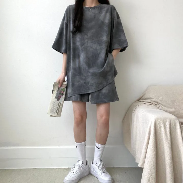 Women T-shirt Two Piece Shorts Set Tie-dye Sport Loose Mid Length Top Mini Shorts Plus Size 2 Pcs Daily Wear Top Suits Outfits