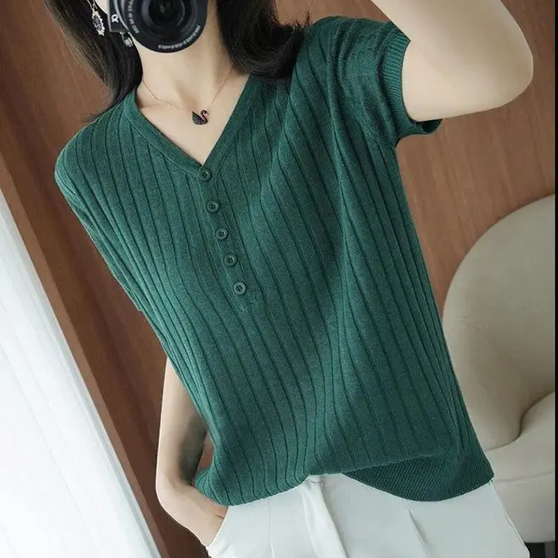 Summer Loose Korean Fashion V-neck Ice Silk Short Sleeved T-shirt Women's Solid Stripe Button Simple Versatile Thin Knitted Tops