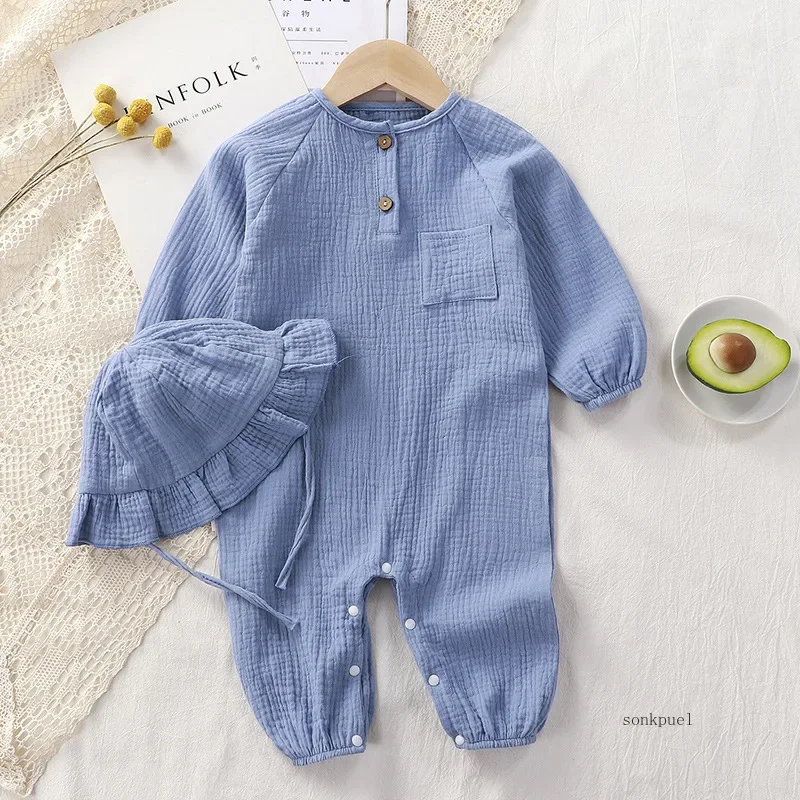 Muslin Baby Romper Hat 2Pcs Cotton Kids Jumpsuit Newborn Girl Boy Clothes Toddler Onesie Infant Ouitfit Set Baby Clothing