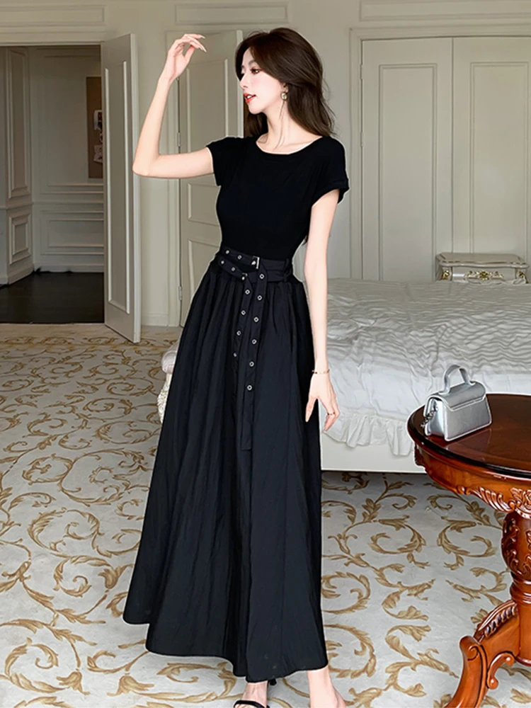 Vestido longo a-line preto feminino, casual, manga curta, cinto, robe maxi, festa, baile de formatura, roupa de rua, elegante
