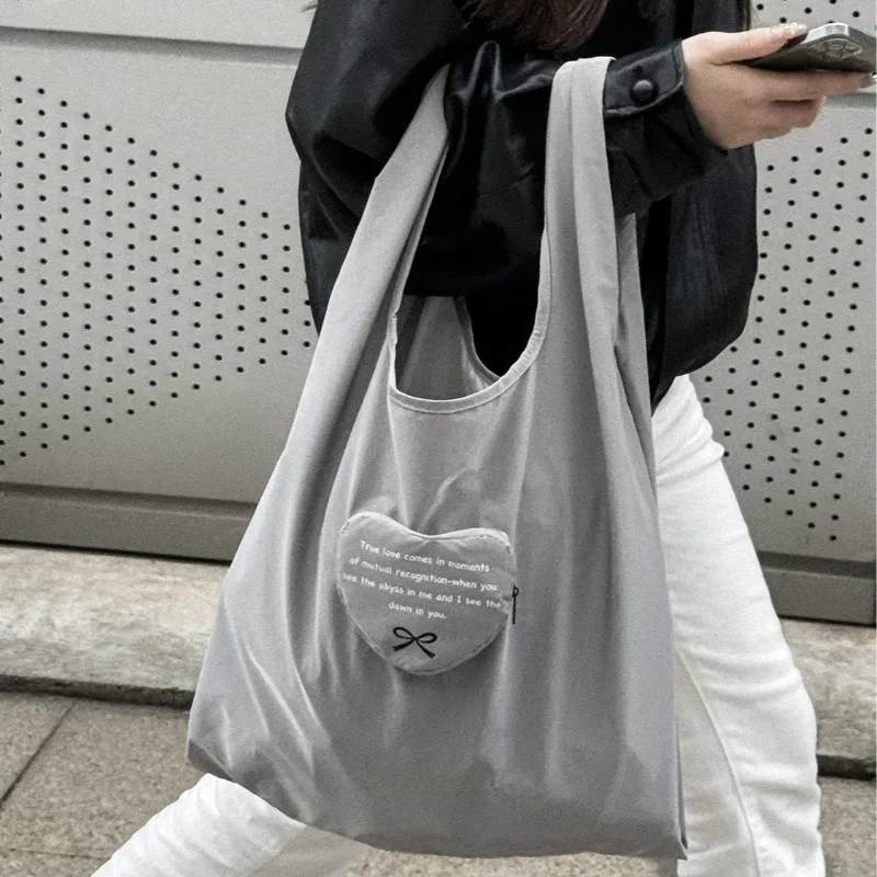 New Foldable Shopping Bag Silver Gray Heart Design Large Tote Shopper Bag Eco-Friendly Reusable Grocery Bag Portable Handbag