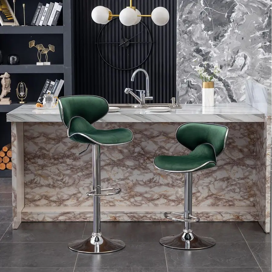 

Masaccio Velvet Upholstered Adjustable Swivel Barstool, Set of 2, Green