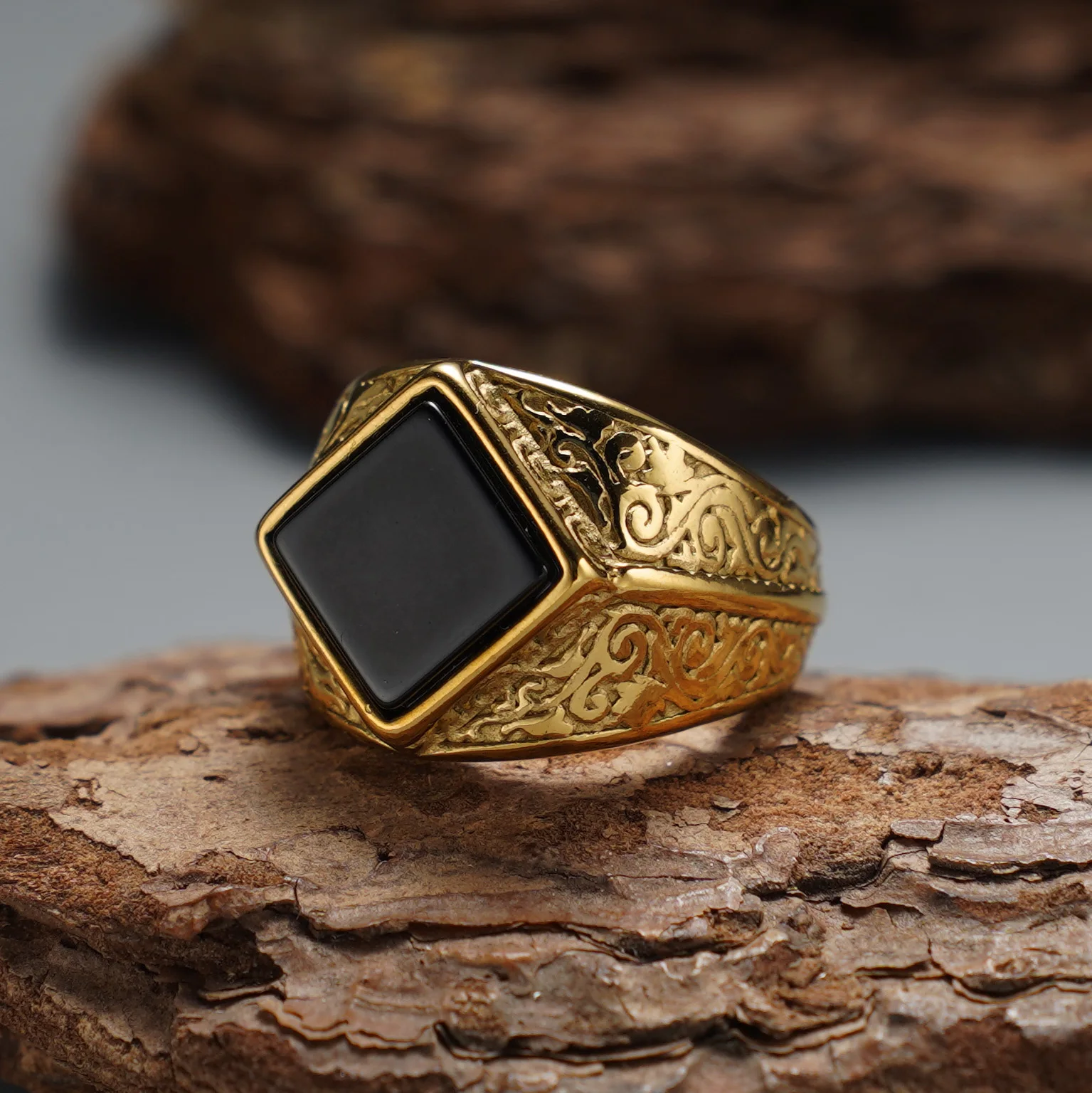 Vintage Gravierter Rhombus-Achat Herrenring, 316L Edelstahl Trendiger Statement-Schmuck – Detail 2