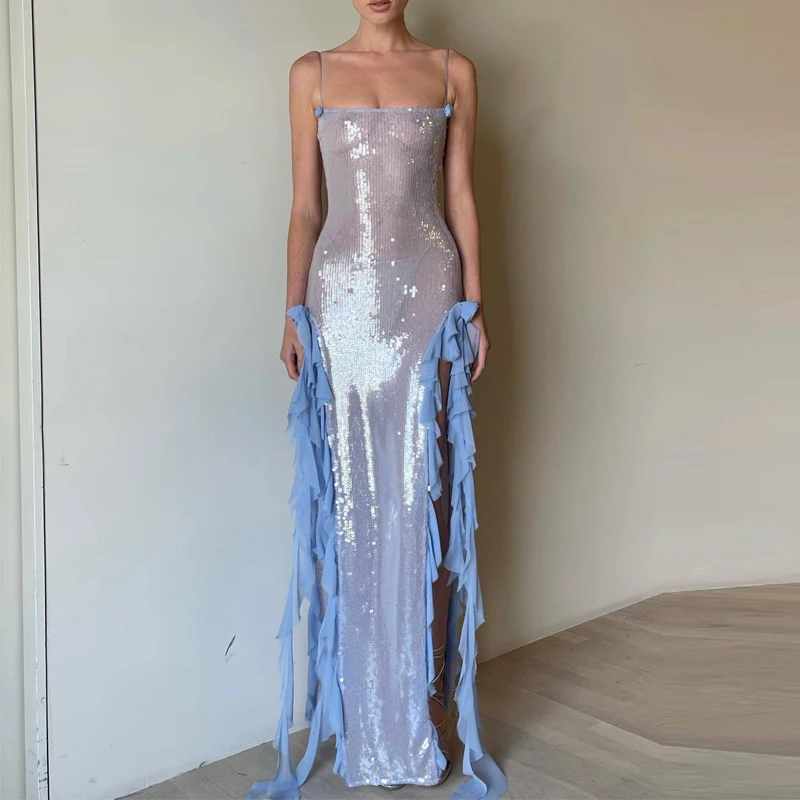 Vestido Sexy con volantes y abertura para mujer, novedad de verano 2021, vestido con tirantes florales estereoscópicos, vestido elegante con perspectiva de lentejuelas para playa