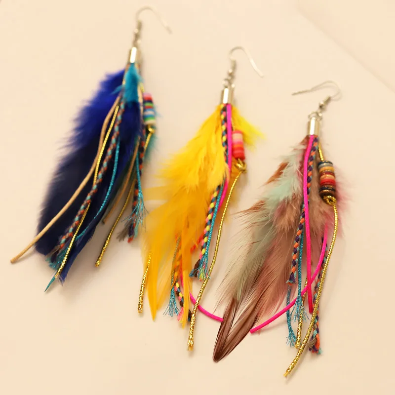 Colorful Feather Earrings for Women Bohemian Handmade Jewelry Wholesale Long Tassel Clay Beads Drop Earrings Female Girls Gifts