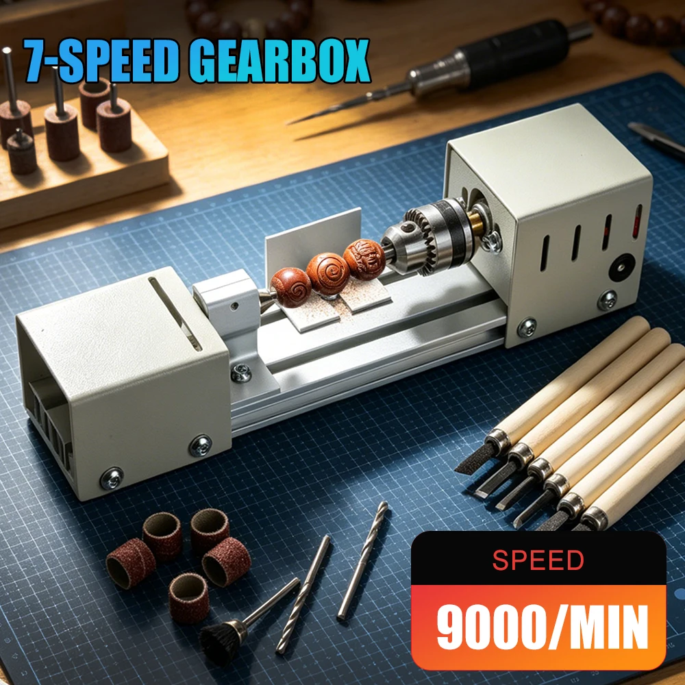 Mini Wood Lathe Machine 12-24V Adjustable Speed DIY Woodworking Rotary Tool Bead Grinding Polishing Carving Craft Processing